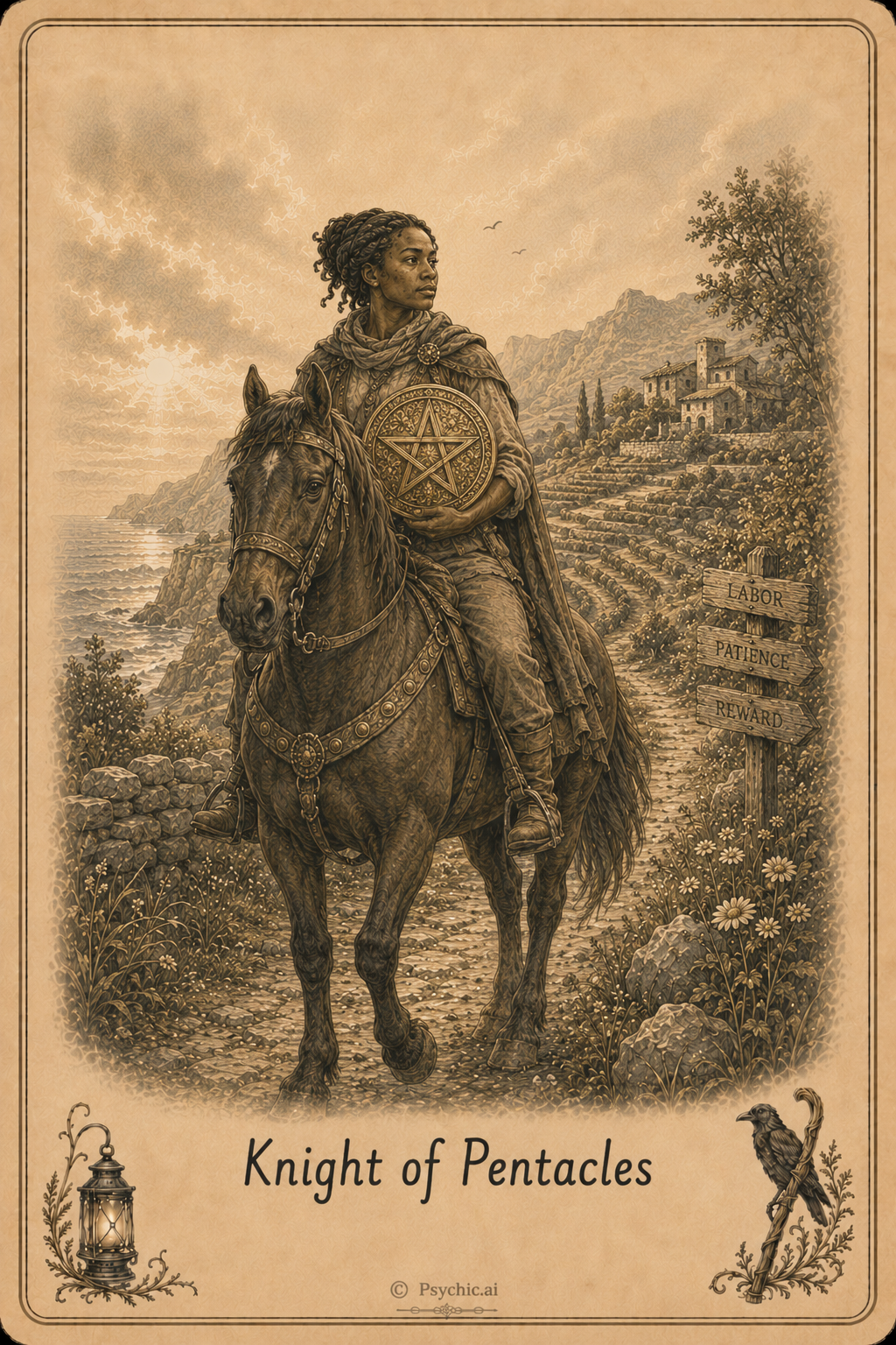 Knight of Pentacles tarot card illustration